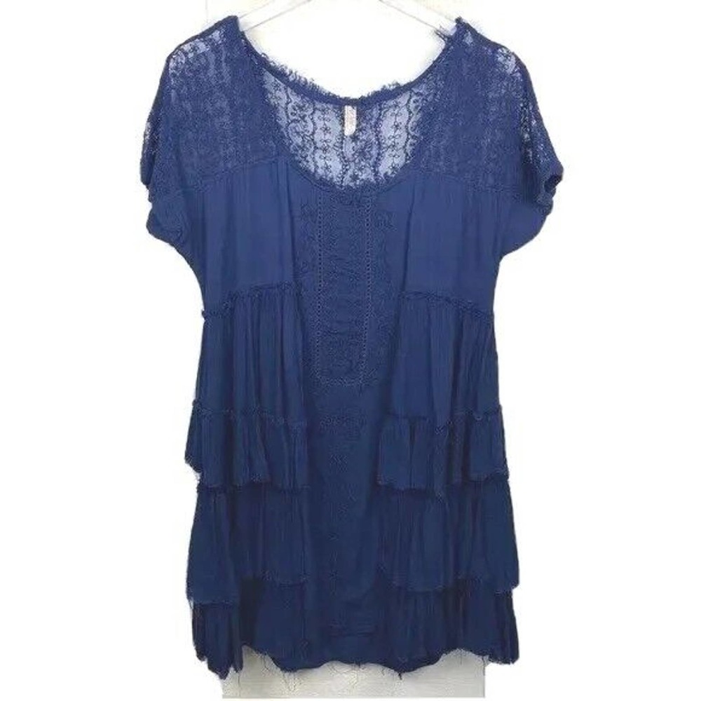 Free People Women's Medium Blue Sunbeam Tiered Raw Hem Mini Short Casual Dess